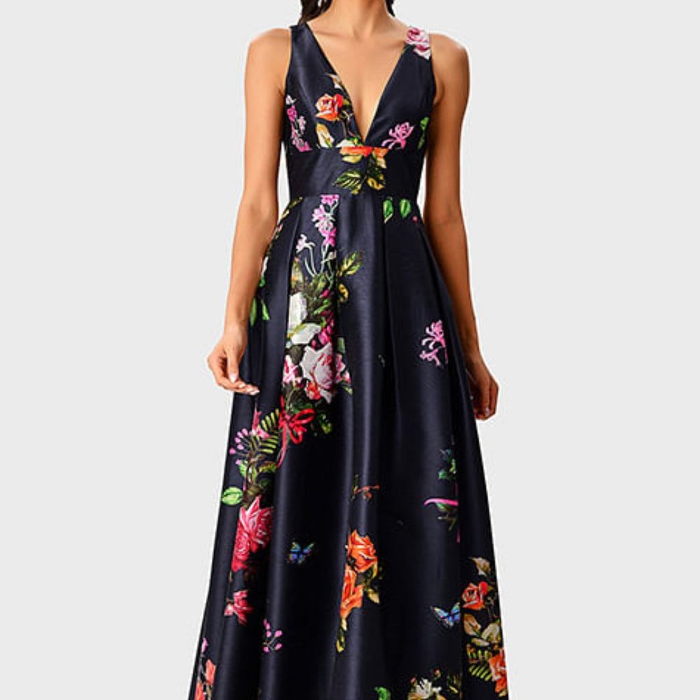 eShakti Plunge Floral Bouquet Print Dupioni Dress
